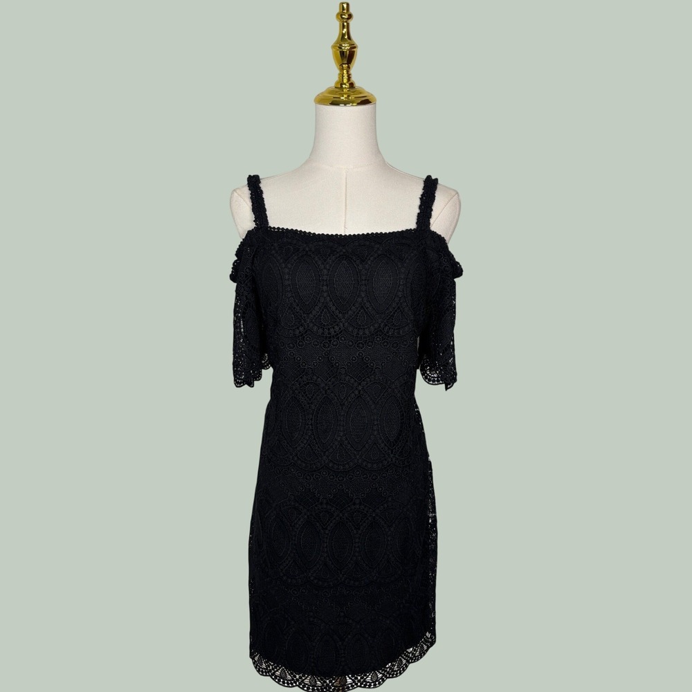 black coquette‎ crochet lace overlay strappy dress off sleeve Y2K goth romantic